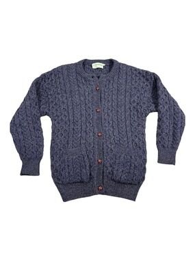 Vtg Irish Wool Fisherman Sweater Cardigan Navy Medium